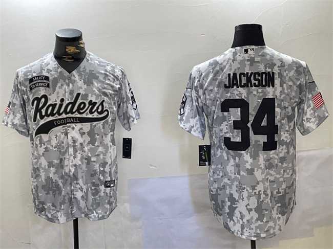 Mens Las Vegas Raiders #34 Bo Jackson 2024 Arctic Camo Salute To Service Stitched Baseball Jersey